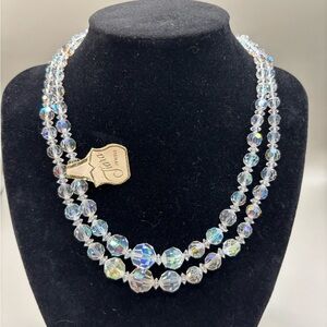 Vintage Clear AB Crystal Glass 14” Double Strand Necklace NEW Old Stock Tiara